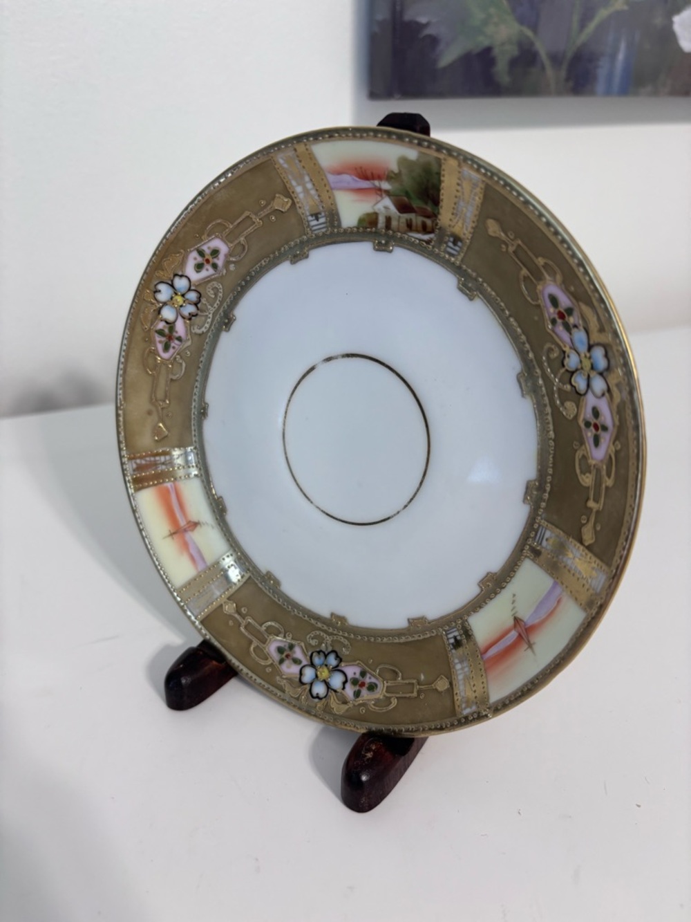 Antique Hand Painted Nippon Saucer Gold Moriage Enamel Floral Scenic Japan boat - Picture 2 of 12